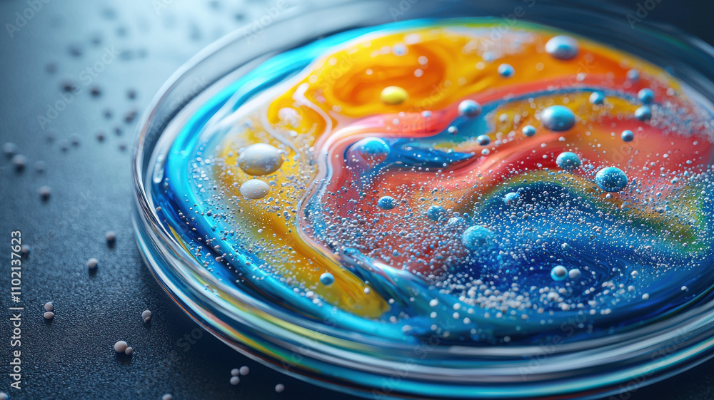Poster vibrant abstract image of colorful bacteria multiplying in petri dish, showcasing swirling patterns 