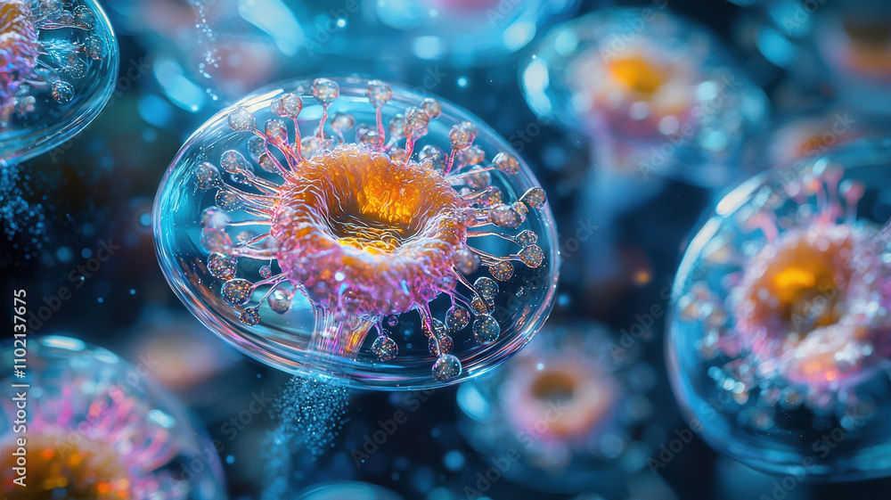 Poster vibrant 3d illustration of bacteria multiplying, showcasing intricate details and vivid colors, high