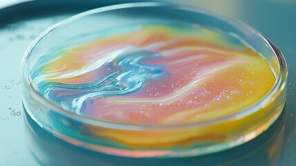vibrant illustration of bacteria colonies forming in petri dish, showcasing swirling colors and textures. image captures dynamic and colorful nature of microbiological growth