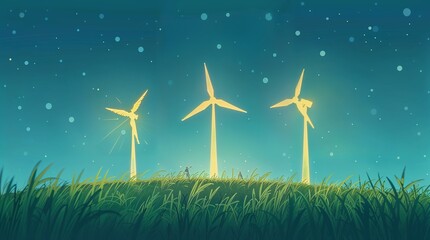 Shining wind turbines stand in a field. These objects are made up of simple shapes, such as triangles, lines, and points. illustration shows how wind energy can be a clean, sustainable energy source.