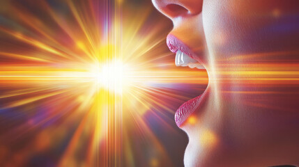 Close up of mouth emitting light, symbolizing vocal expression and sound