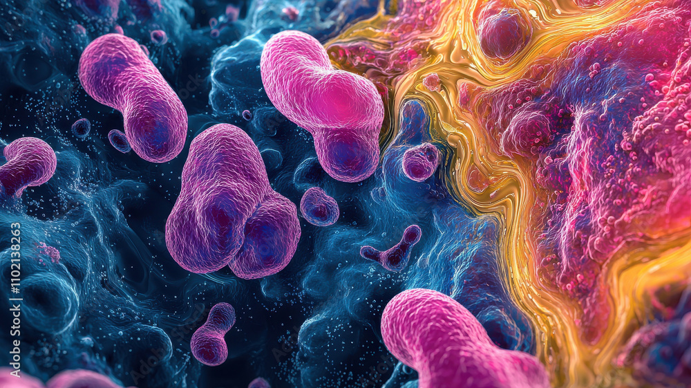 Poster microscopic view of vibrant bacteria on agar, showcasing colorful textures and dynamic patterns in s