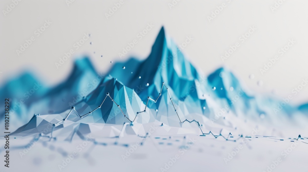 Poster a modern abstract scene featuring blue low-poly mountains with connected data points. the soft-focus