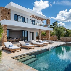 Fototapeta premium Fantastic private villa, terrace view with sun beds chairs under umbrella, luxury pool hotel stunning summer pattern. Beautiful spa or wellness, recreational vacation resort tourism. Tranquil sea sky