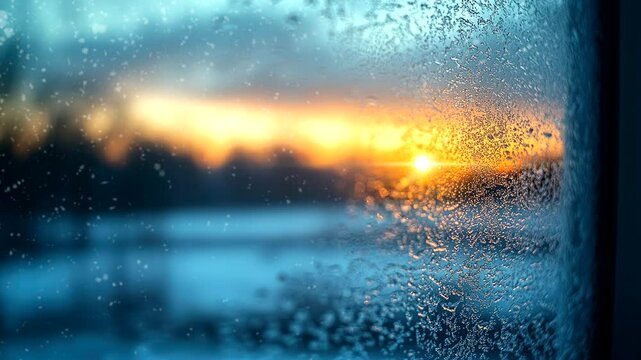 Frosted window with a glowing sunrise view over a snowy field. Seamless looping 4k video background