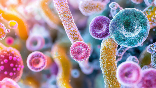 vibrant, microscope level view of colorful bacteria growing on agar showcases intricate details and textures of microbial life