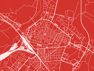 Christmas Map of Alessandria, Italy in Snowy White on Festive Red Background.