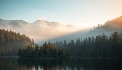 Misty mountain lake sunrise, tranquil morning light reflecting on still water, dense forest, serene landscape.