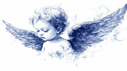 Angelic Baby Cherub With Wings in Blue Hues