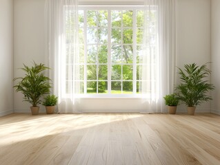 Serene Minimalist Interior with Sunlit Window, Green Plants, and Symmetrical Composition - Modern Relaxing Home Design Concept
