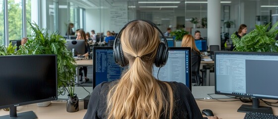 Serene Tech Workspace Focused Blonde Woman at Coding Desk in Modern Office Interior Productive Work Environment with Natural Light and Greenery