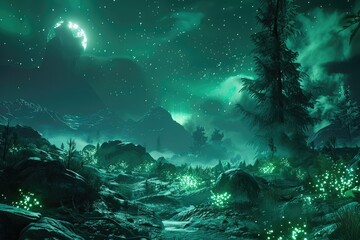 A Nighttime Mountain Scene with a Glowing Moon, Stars, and Bioluminescent Plants
