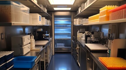 Well-organized laboratory interior with equipment, shelves, and a refrigerator.