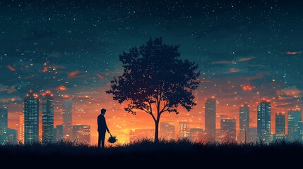 Naklejka premium Businessman Planting Tree in City Park with Skyscraper Branches Symbolizing Business Expansion