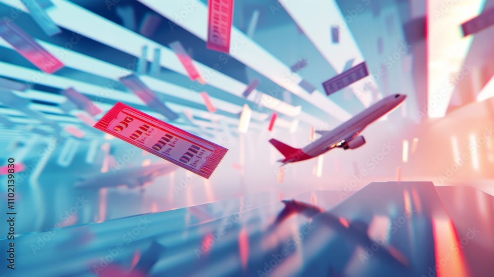 Poster a dynamic scene of an airplane soaring through a futuristic digital landscape filled with floating d