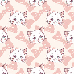 Cute hand drawn cat faces on pink background, kitten pattern
