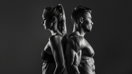 Athletic muscular man and woman stand with their backs to each other on black background. Advertising banner layout for a gym or fitness trainer.