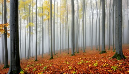 Enchanting dawn in a misty forest with sunlight streaming through trees and leafy ground cover