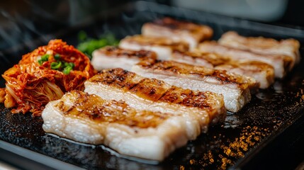 Sizzling Korean BBQ Delight Closeup of Grilled Pork Belly and Kimchi on Dark Platter, Steam Rising - Appetizing Culinary Scene for Menus, Food Blogs, and Advertising