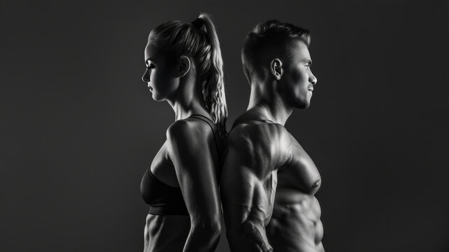Athletic muscular man and woman stand with their backs to each other on black background. Advertising banner layout for a gym or fitness trainer.