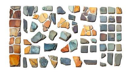 Set of mosaic tile fragments isolated on transparent background