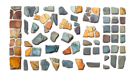 Set of mosaic tile fragments isolated on transparent background