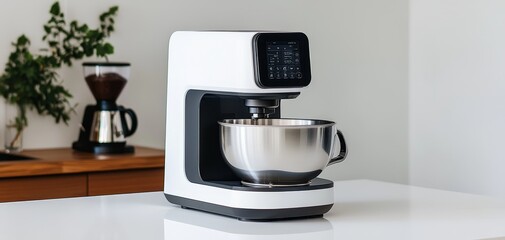 Sleek Modern Stand Mixer Appliance in Minimalist Kitchen Setting High-Angle Closeup with Stainless Steel Bowl Contemporary Cooking Concept