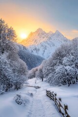 Snow-Covered Path Leading to Majestic Mountain Range Winter Wonderland Landscape at Sunset