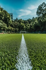 Soccer Field Perspective Closeup White Line to Goal in Serene Nature Setting