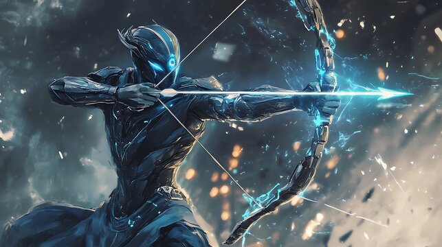 Fototapeta Futuristic archer in action, aiming glowing arrow.