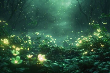 Obraz premium A Dark Forest Illuminated by Fireflies and Flowers