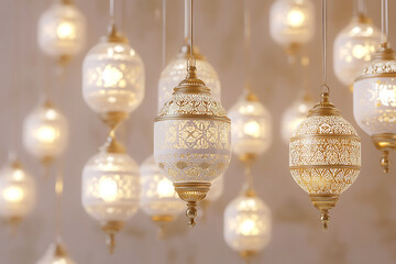 Islamic ramadan kareem celebration lantern with beautiful bokeh lights in the background.