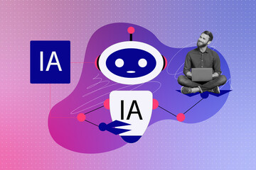 Composite photo collage of happy man freelancer hold laptop robot ai hand futuristic ai intellect...