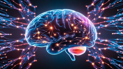 Illuminated human brain with neural connections and glowing nodes, futuristic technology and science theme