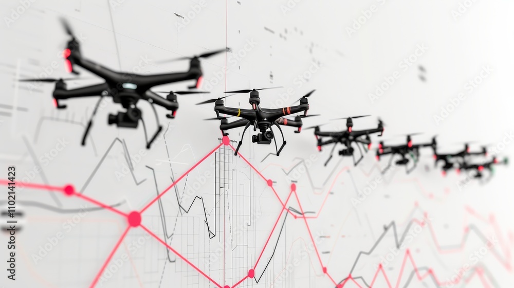 Poster a formation of sleek black drones flying in perfect alignment, enhanced by an overlay of red and bla
