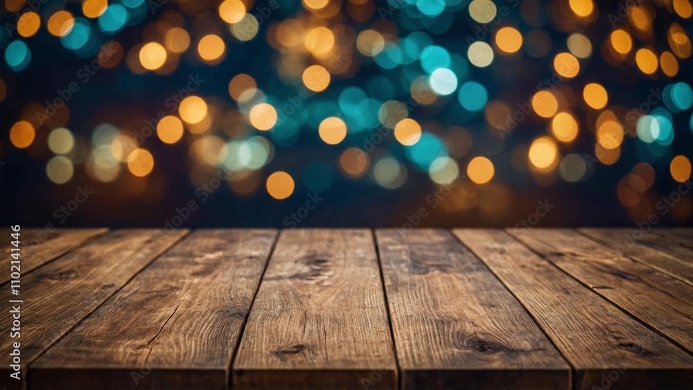 Wall mural rustic wood board empty mockup table surface with blue and gold bokeh lights background