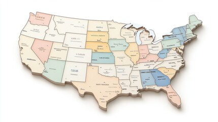 Obraz premium A colorful map of the United States, highlighting various states with distinct colors and labels.