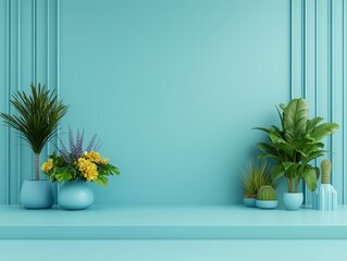 Symmetrical Minimalist Botanical Display on Teal Wall - Serene Home Decor Concept with Potted Plants and Clean Design Aesthetic