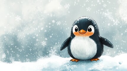 Adorable Penguin Standing in Snowy Winter Scene