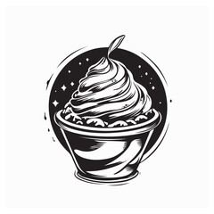 Ice cream in a waffle cup black and white vector illustration isolated on white background.