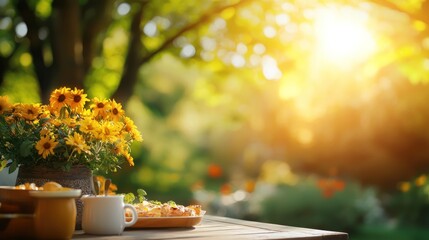 A sunlit garden table adorned with sunflowers, breakfast items, and warm light creates a tranquil outdoor setting.