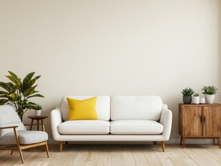 Tranquil Minimalist Living Room Symmetrical White Sofa in Serene Modern Space with Light Beige Background - Home Decor Concept