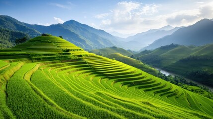 Fototapeta premium A breathtaking landscape featuring lush green terraced rice fields set against majestic mountains under a bright sky.
