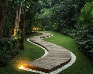 Tranquil Serenity Closeup Wooden Pathway meandering through Lush Tropical Garden at Dusk - Ideal for Real Estate and Travel Promotion