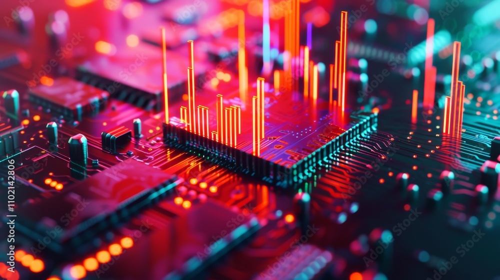 Poster a colorful microchip with vibrant red and blue lights, set on a detailed circuit board. the glowing 