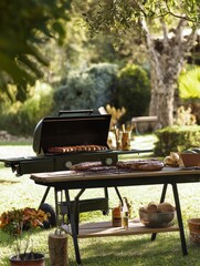 An outdoor barbecue grill with sizzling meats, set in a lush garden on a sunny day, perfect for gatherings