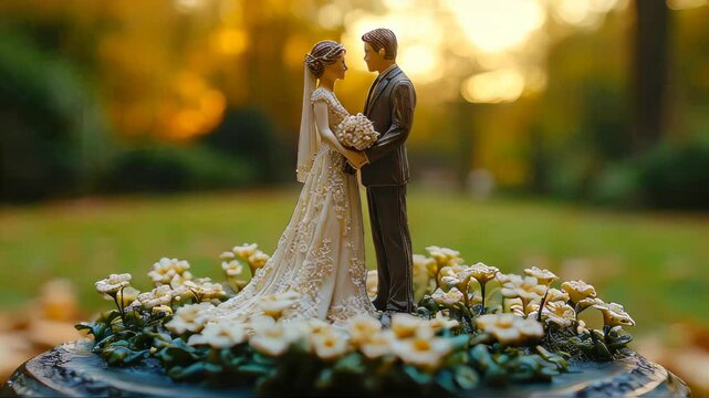 Close-up of bride and groom figurines on a floral cake topper in a sunlit park. Symbol of love and commitment