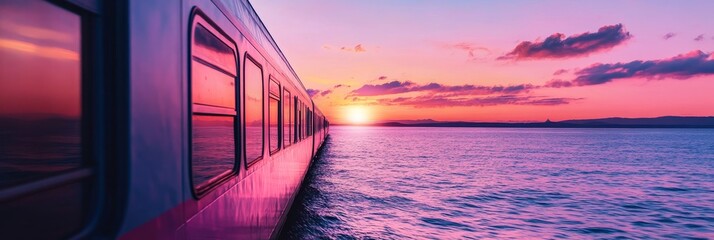 Fototapeta premium Sunset Train Journey - A vibrant sunset over calm waters, viewed from a train window. Symbolizes travel, adventure, serenity, escape, and new beginnings.