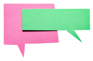 Pink and green blank cut out cardboard paper speech bubbles with rough edges and copy space for text on transparent png background design element