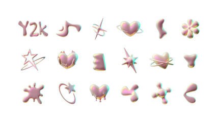 A collection of 3D shapes with unusual shiny pink shapes isolated on a white background,